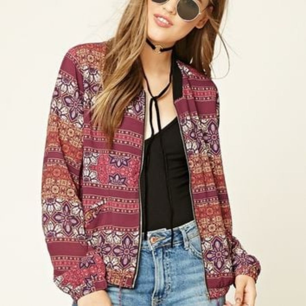 Forever 21 Paisley Floral Pattern Bomber Jacket